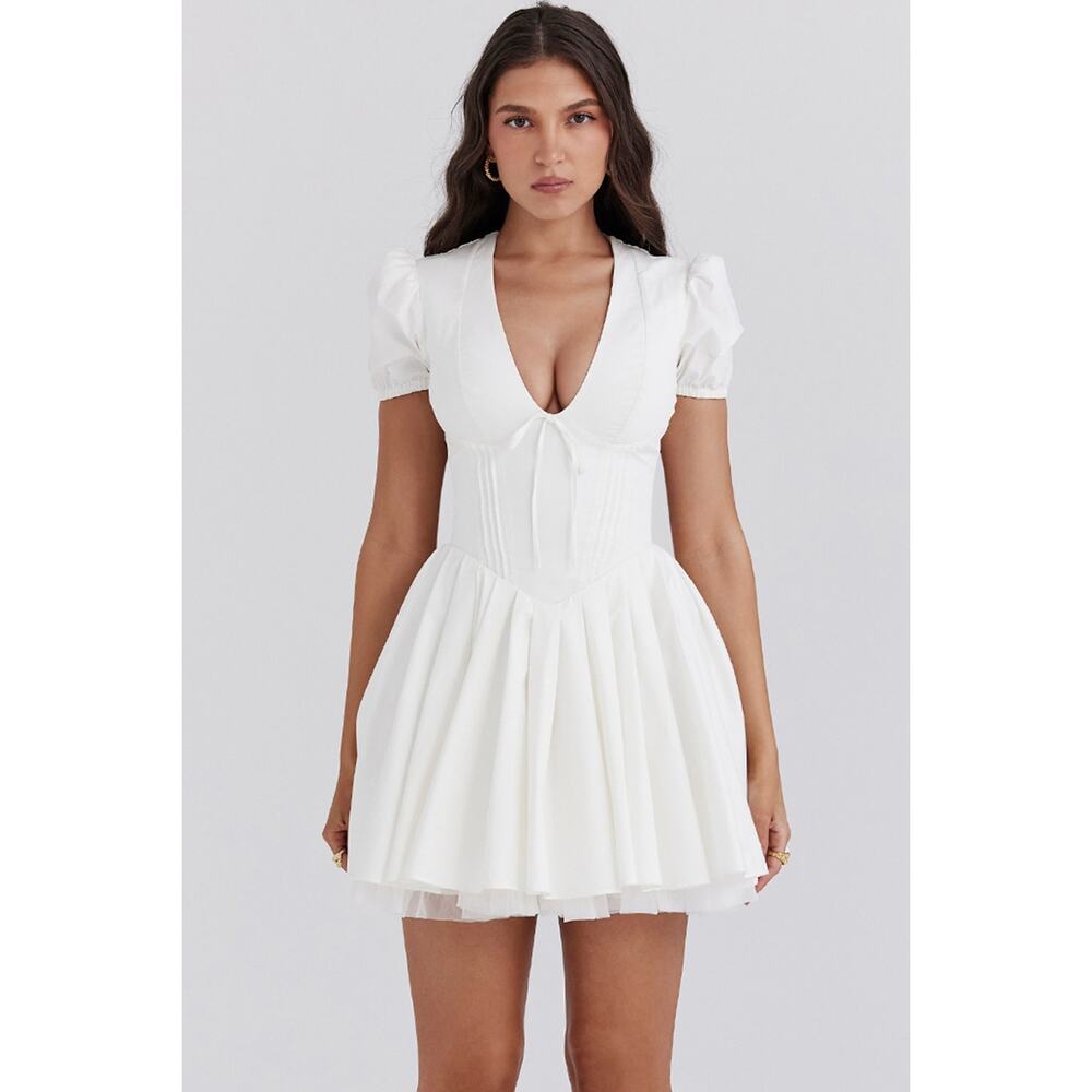 House of CB Imani White Pleated Cotton Mini Dress
